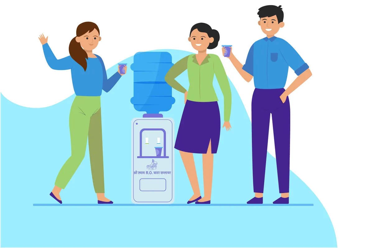 Illustration of three colleagues drinking water around a water dispenser