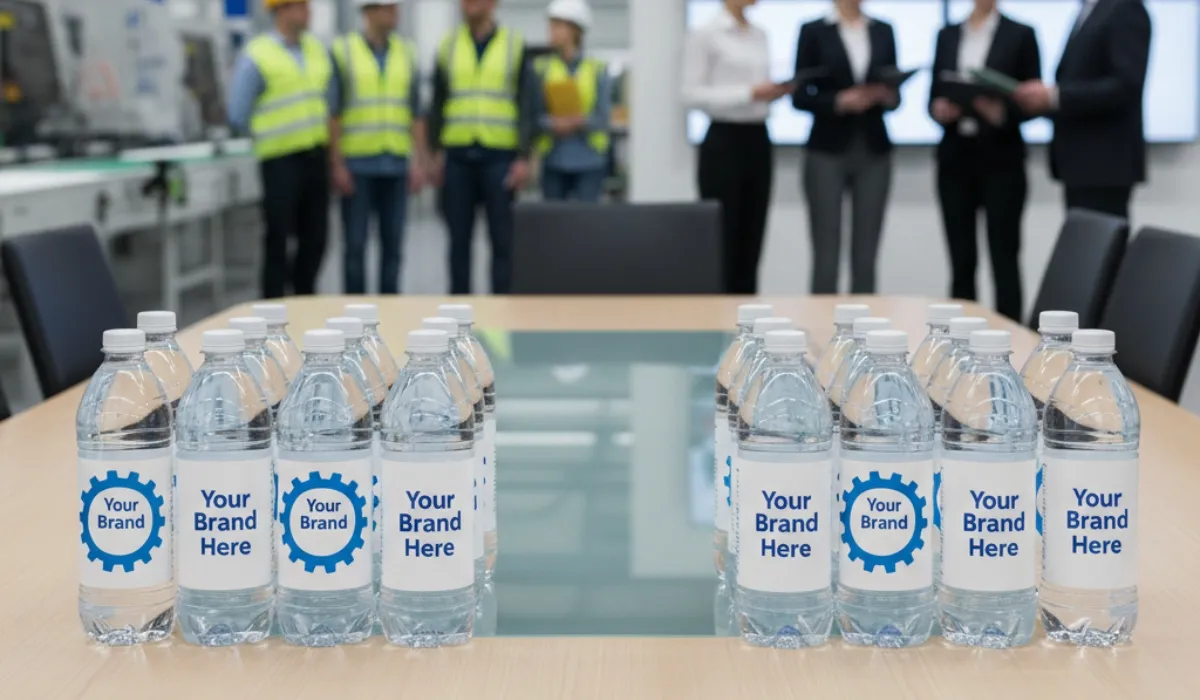 Rows of custom-label water bottles with a sample logo on a boardroom table, with a business meeting behind