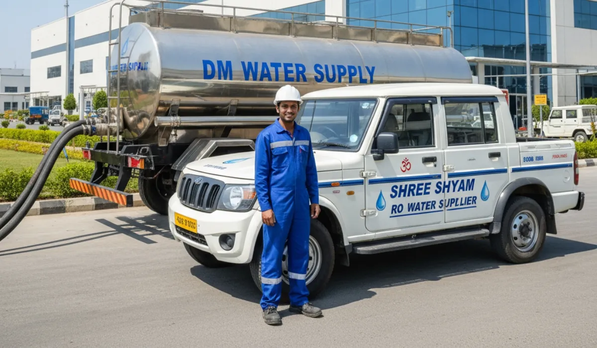 Delivery worker in blue overalls beside a Shree Shyam pickup and a tanker marked DM Water Supply