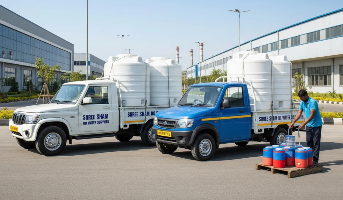 Two Shree Shyam water delivery pickups with white storage tanks outside an industrial unit, and a worker with 20 litre jars on a pallet