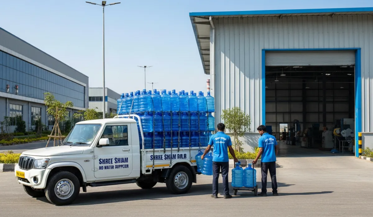 Two delivery staff with a Shree Shyam pickup full of 20 litre water jars outside a factory unit in the industrial area