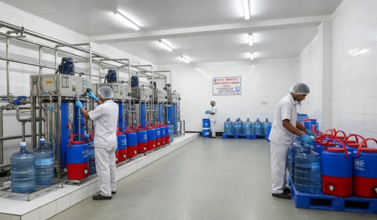 Workers in hairnets and gloves filling 20 litre water jars on a bottling line in a clean water purification plant
