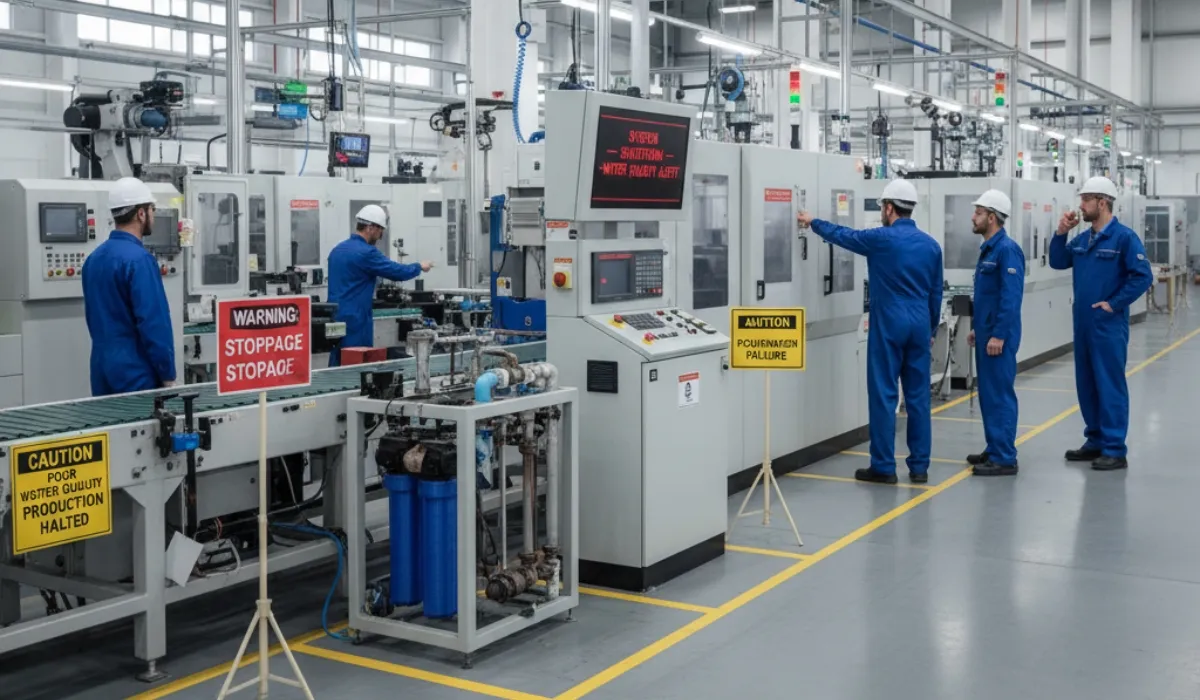 Factory floor where workers inspect machines and filtration vessels, with warning signs about a production stoppage