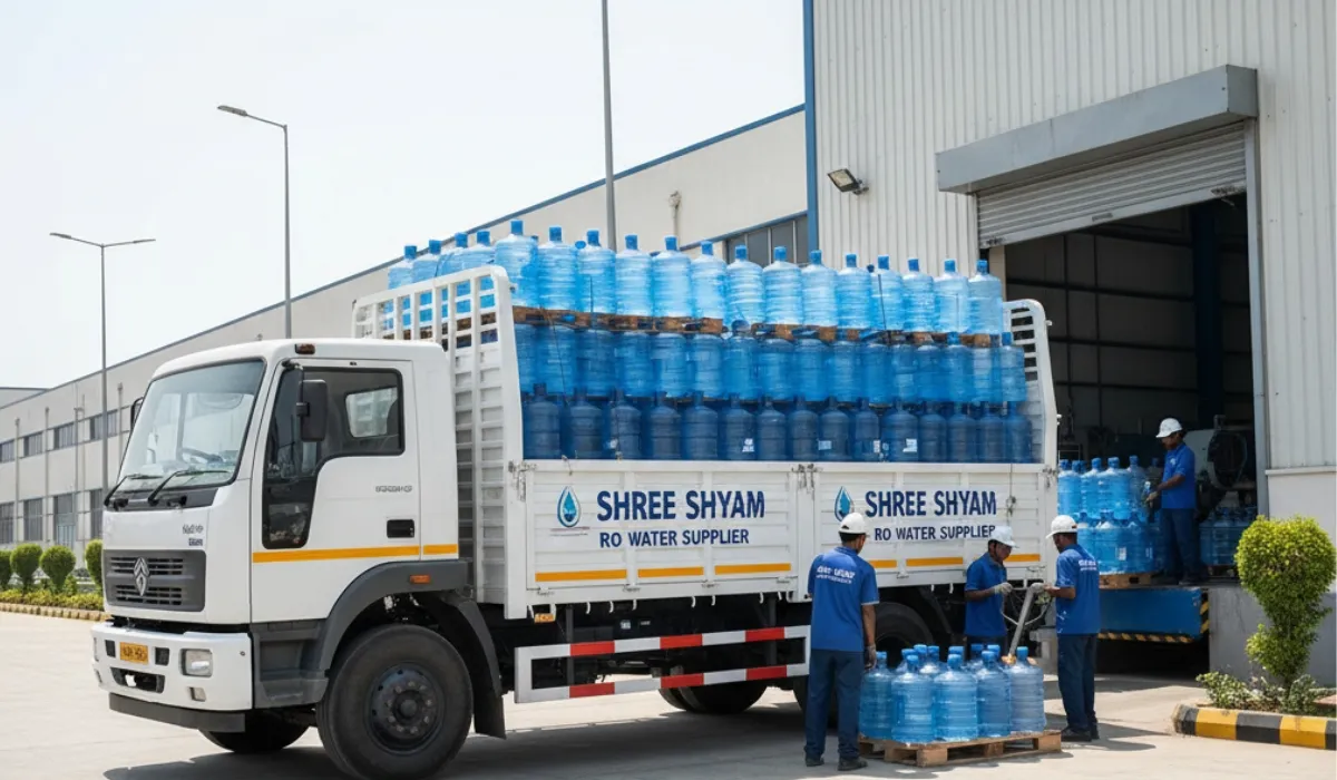 Shree Shyam RO Water Supplier truck loaded with blue 20 litre water jars at a factory loading bay, with staff unloading