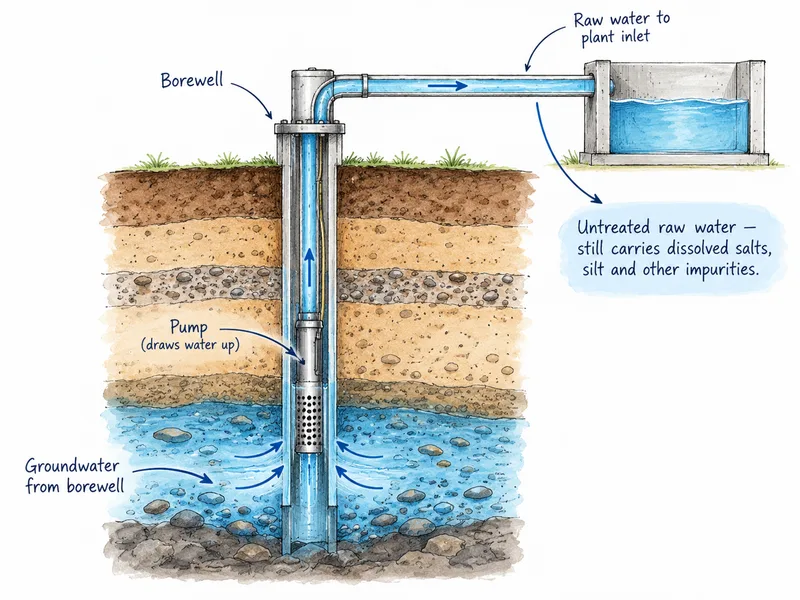 Cross-section diagram of a borewell: a pump draws groundwater up the casing and a pipe carries untreated raw water to the plant inlet tank.