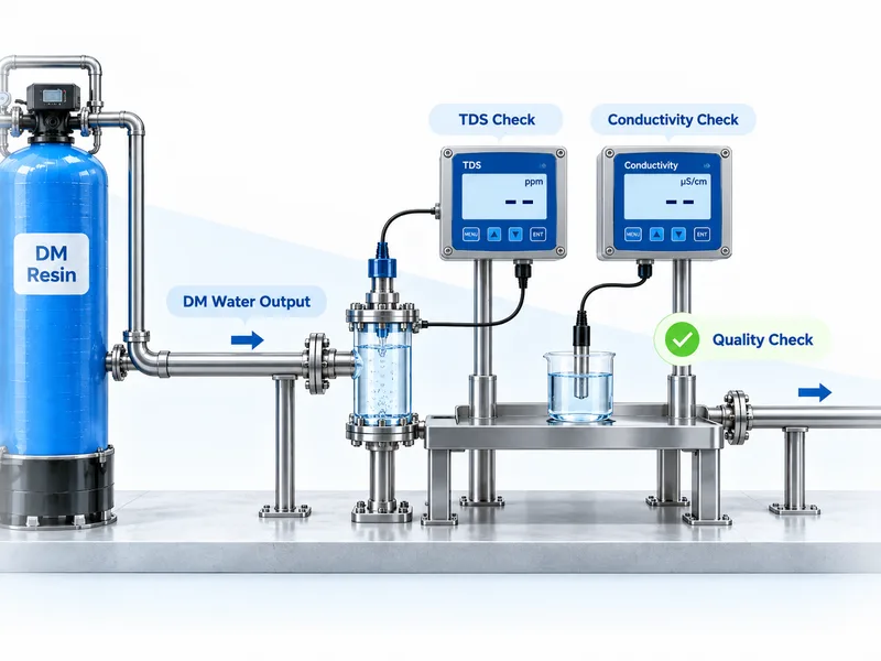 Quality check station after the DM resin vessel: the DM water output passes a sample cell with TDS and conductivity meters before the water is released.