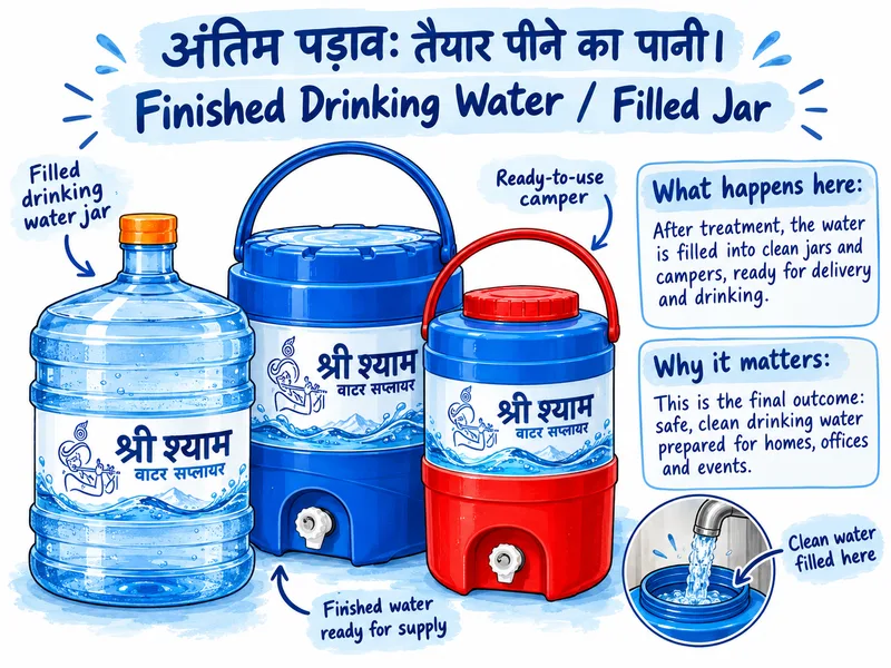 Illustration of finished drinking water: a filled 20-litre jar and two campers with Shree Shyam labels, ready for supply, with a close-up of clean water filling a container.