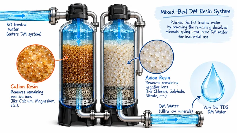 Diagram of the DM resin system: RO-treated water enters two vessels, cation resin removes remaining positive ions and anion resin removes remaining negative ions, leaving very low TDS DM water for industrial use.