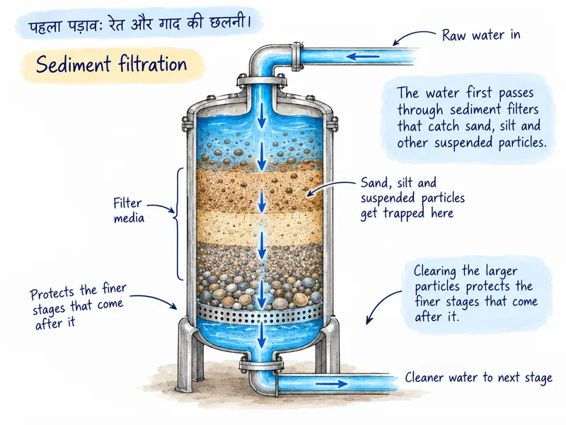 Cross-section diagram of a sediment filter: raw water enters at the top, passes down through layers of sand and gravel that trap silt and suspended particles, and cleaner water leaves at the bottom for the next stage.