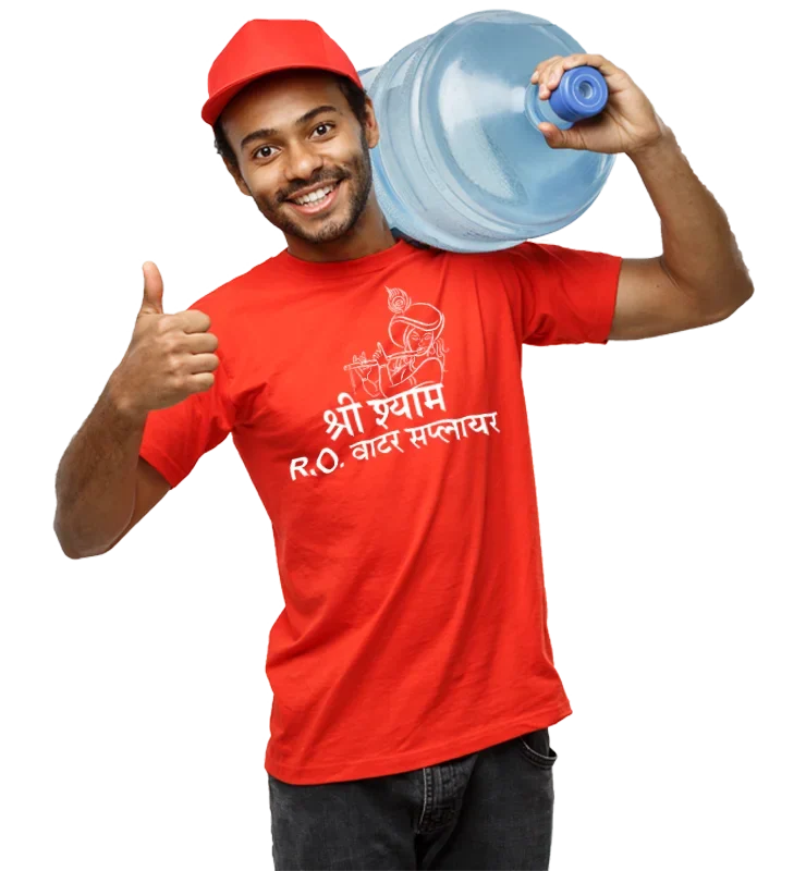 Delivery person carrying a 20-litre Shree Shyam water jar