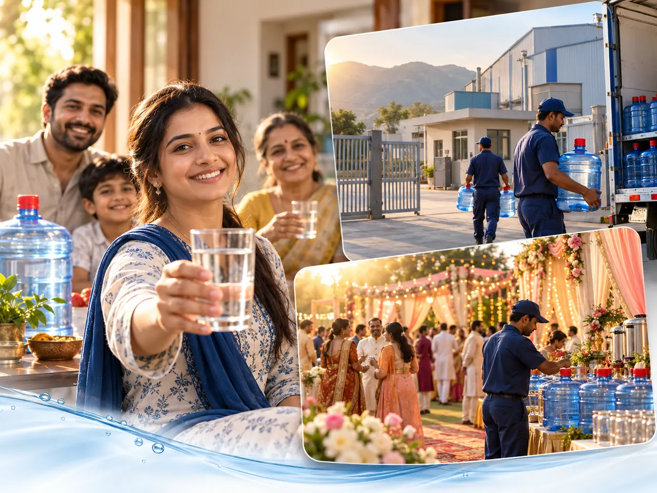 A family enjoying drinking water at home, delivery staff carrying jars at a factory gate and a wedding water station in Alwar