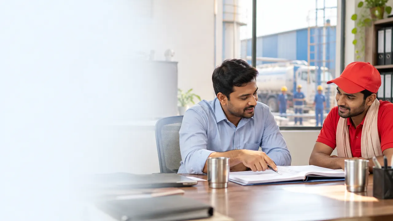 Factory manager and supplier discussing a water supply plan at an industrial office in Alwar