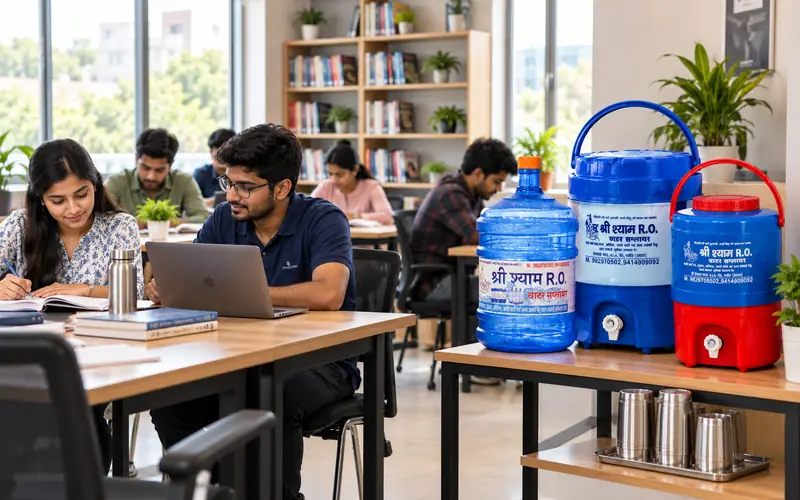 Students and staff using a drinking water station at a coaching centre and library in Alwar