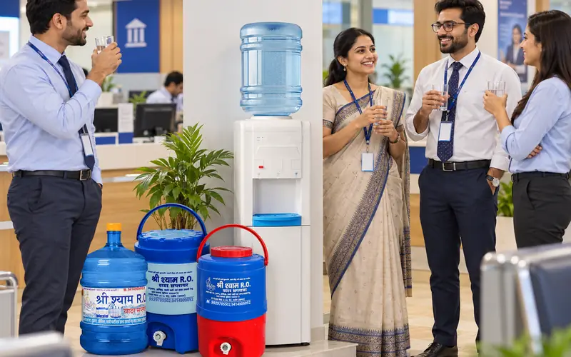 Bank staff at an office water station with a dispenser and 20 litre jars