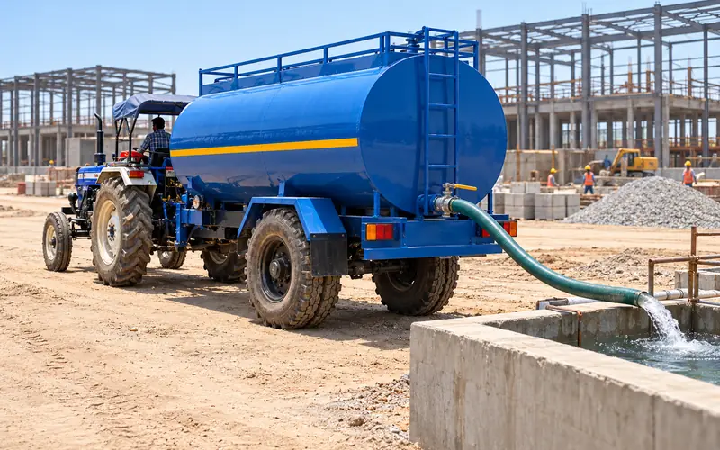 Blue water tanker supplying water to a construction site in Alwar