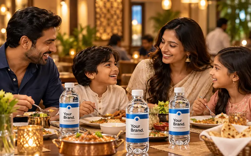 Custom-label water bottles on a family dinner table at a restaurant in Alwar
