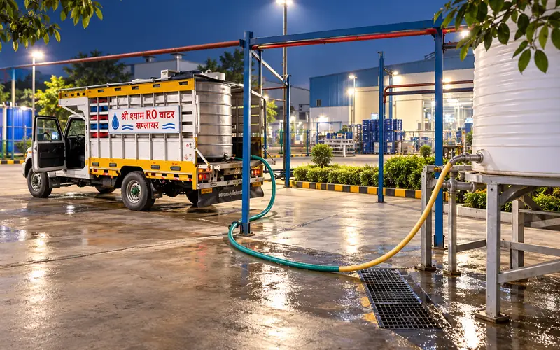 Shree Shyam delivery vehicle filling a factory storage tank with bulk RO water