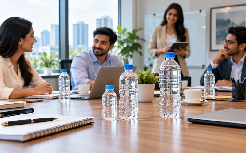 Packaged water bottles on an office meeting table in Alwar