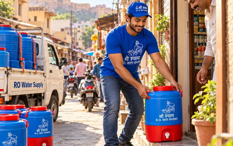 Shree Shyam delivery person setting down a camper at a shop doorway in an Alwar market lane