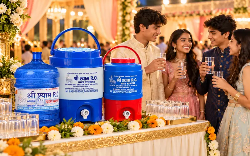 Wedding guests taking water from a station with Shree Shyam campers